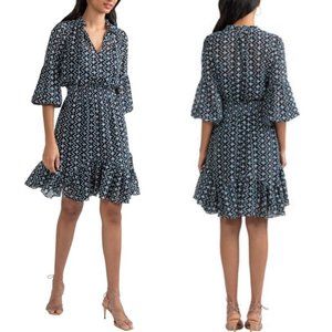 Shoshanna Mira Tie-Neck Ruffle-Hem Polka Dot Printed Eyelet Dress $398 NWOT